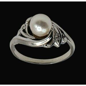 VTG 14K White Gold Pearl & Diamond Accent Ring Size 6.75 AJ Elegant Formal 3.1g